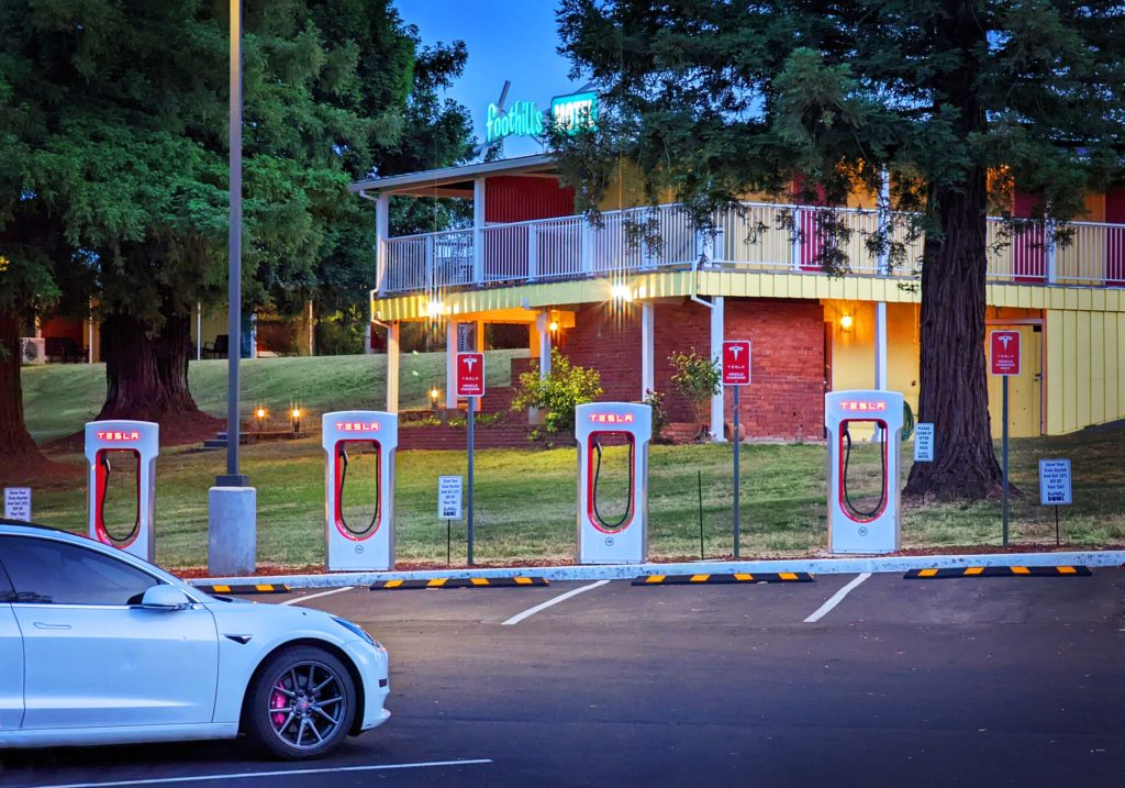 Tesla Supercharger station at the Foothills Motel